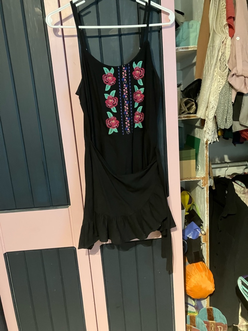 Black Mini Dress with Pink Rose Embroidery